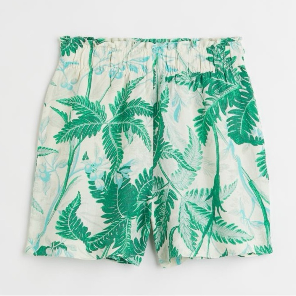 H&M Linen-blend Pull-on Shorts Palm Leaf Print Size L